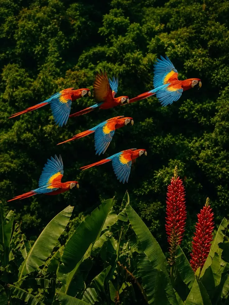 Guacamayos volando sobre la selva