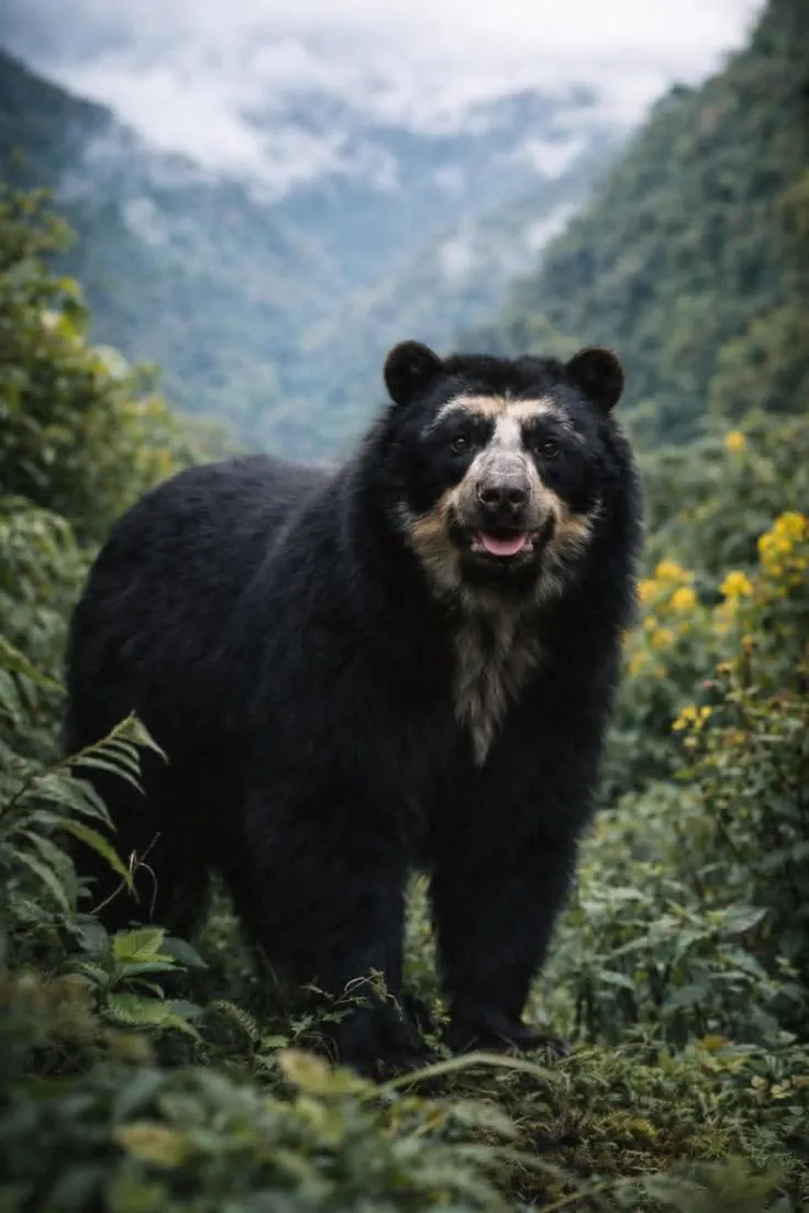 Oso de anteojos en el bosque nublado