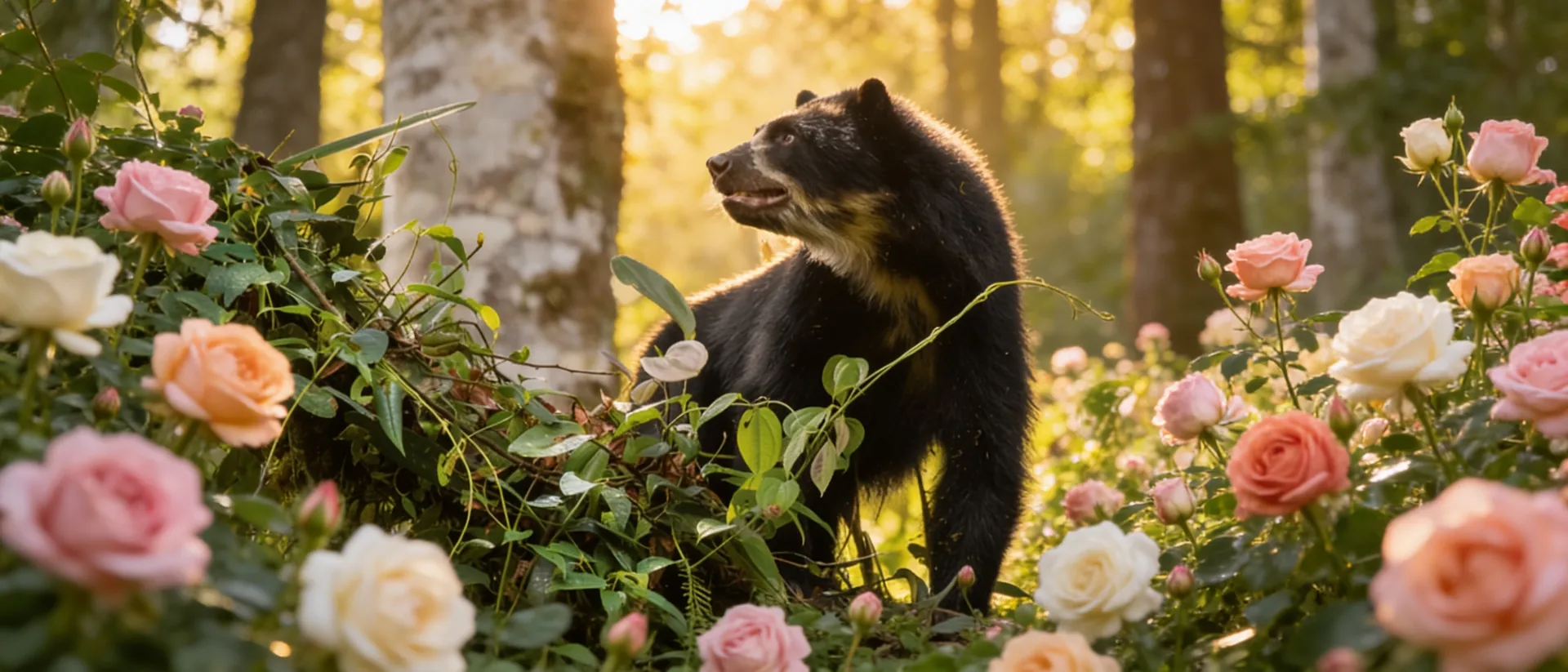 Oso de anteojos entre rosales en flor