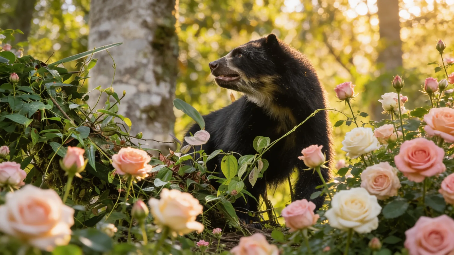 Oso de anteojos entre rosas