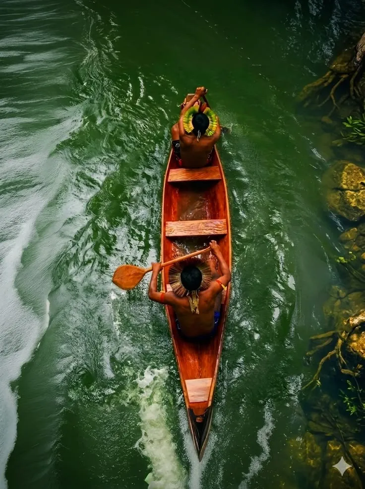 Canoa de madera sobre un río verde